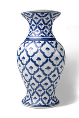 chinese antique vase. Navy blue China porcelain vase curve cross spiral frame flower. Modern white tall ceramic vase, decoration object isolated on white background with clipping path.