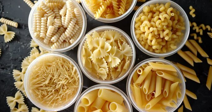 Bowls with different types of dry pasta slowly rotate.