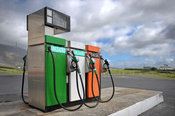 Ireland, Achill Island, Aug 20th 2010 Vintage fuel dispenser with irish colors 