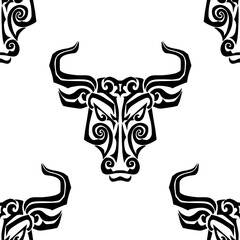 Seamless pattern with bull face. Bull is symbol 2021 New Year. Vector illustration.