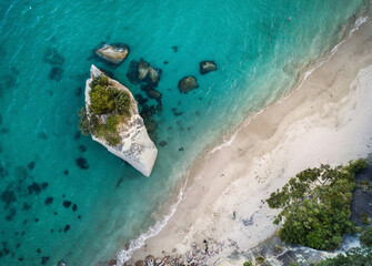 Cathedral Cove beach from the drone in Coromandel peninsula, New Zealand