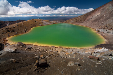 Green lake on great walk in national park Tongariro, New Zealand