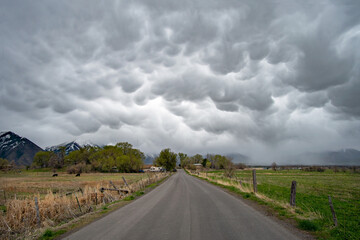 Fototapeta na wymiar Road leading into mammatus cloud landscape in Utah