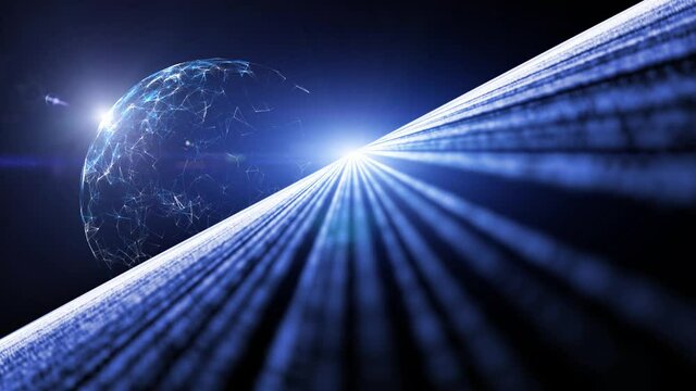 Rotation of network sphere with shiny stars light. Artistic artificial intelligence globe in digital cyberspace space animation background.