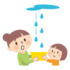 雨漏りに困る親子のイラストレーション