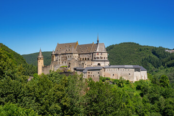 Fototapeta na wymiar Vianden Castle, Luxembourg's best preserved monument, one of the largest fortified castles West of the Rhine Romanesque style, with gothic additions