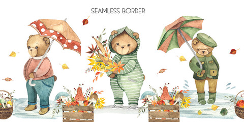 Watercolor hand painted seamless border with cute Teddy Bears in autumn clothes, autumn bright leaves, mushrooms, umbrellas.