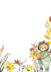 Watercolor hand painted frame with cute Teddy Bears in autumn clothes, autumn bright leaves, mushrooms, umbrellas.