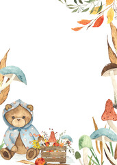 Watercolor hand painted frame with cute Teddy Bears in autumn clothes, autumn bright leaves, mushrooms, umbrellas.