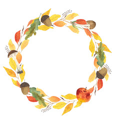 Watercolor hand painted wreath with autumn bright leaves, branches, mushroom.