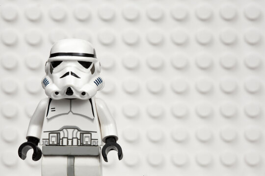 NEW YORK USA - MARCH 30 2020 - Lego style mini figure of an Imperial Stormtrooper against a white Lego board