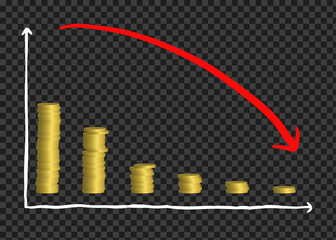 graphic vector illustration of economic crisis down with red arrow and money / coins perfect for info graphic or presentation or social media banner, etc. 