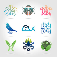 set of modern animal logo design gradient color, insect, bird, whale, butterfly, crab