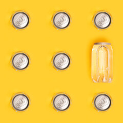 Seamless pattern with Can of water on yellow background. Monochrome image. Creative top view.
