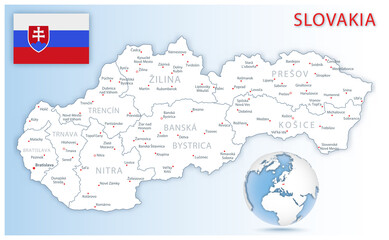 Detailed Slovakia administrative map with country flag and location on a blue globe.