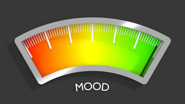 Good mood meter measure happiness or satisfaction level. Color scale with arrow. The measuring device icon. Colorful infographic gauge element. 3D rendering