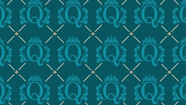Vintage royal emblem with Q letter silhouette. Medieval queen crown. Fashion animation. Seamless background