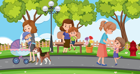 Scene with mothers and children relaxing in the park