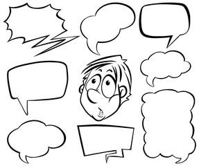 Doodle drawing of man and speech bubbles on white background