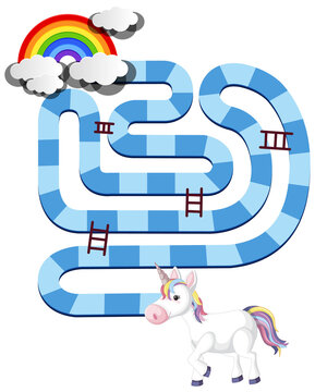 Rainbow unicorn board game template for preschool kids isolated