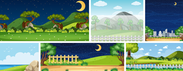 Set of different nature place scene in vertical and horizon scenes at daytime and night