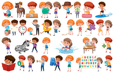 Large set of children doing different activities on white background