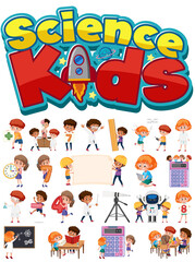 Science kids logo and set of children with education objects isolated