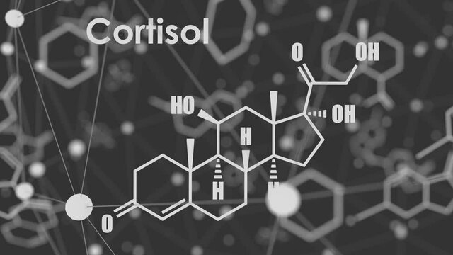 Chemical molecular formula hormone cortisol. Connected lines with dots background