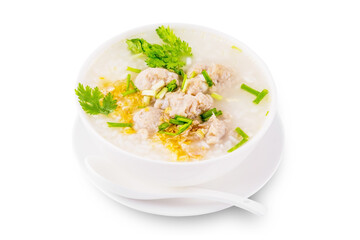 Boiled rice with pork isolated
