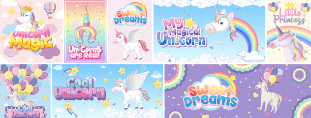Fototapeta premium Cute unicorn banner on pastel background color
