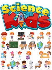 Science kids logo and set of children with education objects isolated