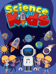Science kids logo and kids wearing engineer costume with space objects