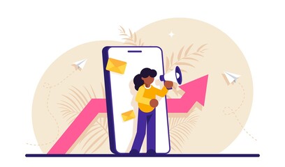 Marketing strategy concept. Woman with a megaphone on the background of a mobile phone and growth schedule. Marketing with a smartphone. Modern flat illustration.