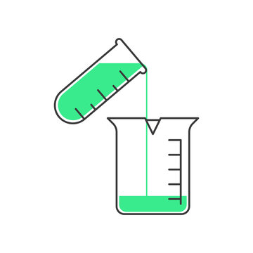 Pouring liquid from test tube to beaker. Concept of chemical experimentation in laboratory. Outline  thin line illustration. Flat style. Isolated on white background. 