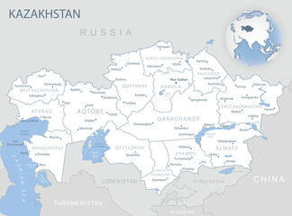 Blue-gray detailed map of Kazakhstan administrative divisions and location on the globe.