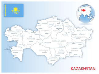 Detailed Kazakhstan administrative map with country flag and location on a blue globe.