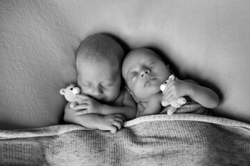 IVF results: The twins embrace. newborn babies sleep together