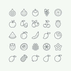 Fruit thin line icons set, outline style on light gray background.