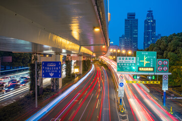 Night view of the overpass bridge and traffic in Shanghai, China.