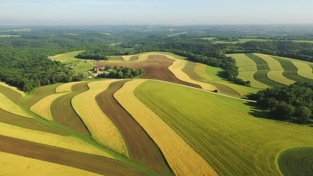 Aerial view of american countryside landscape, farmland. Drone flying over contrast rows of agricultural field. Rural scenery, farm. Sunny daytime, summer season