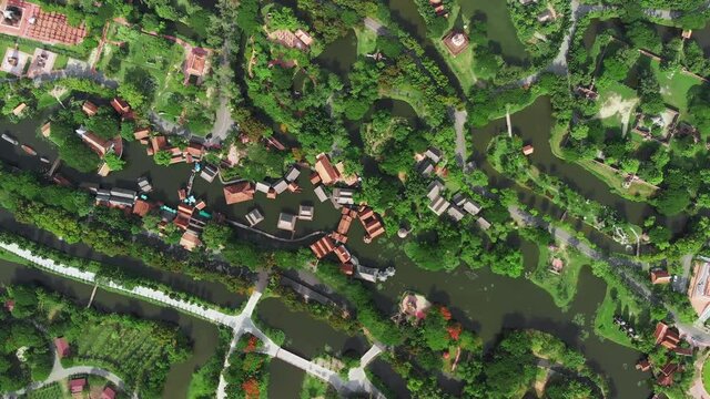 Aerial view of Mueang Boran Ancient Siam cultural park in Bangkok