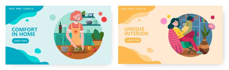 Woman cut vegetables and cook in the kitchen. Girl reading book at home in night lamp light. Leisure time at home concept illustration. Vector web site design template. Landing page illustration
