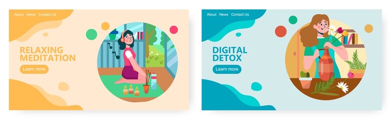 Girl listen music in headphones and meditate at home. Woman put flowers in vase. Hobby and leisure time concept illustration. Vector web site design template. Landing page website illustration