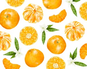 オレンジ　みかん　柄　水彩風イラスト