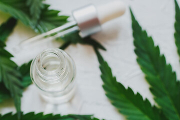 Cosmetics with cannabis oil on a white background. The concept of luxurious skin care.