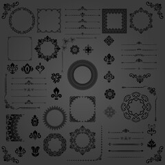 Vintage set of horizontal, square and round elements. Different black elements for design, frames, cards, menus, backgrounds and monograms. Classic patterns. Set of vintage patterns