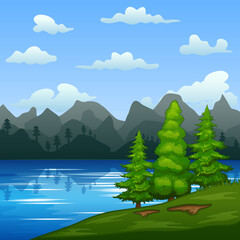 Illustration of green landscape by the river