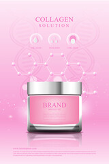 Poster cosmetics pink cream collagen Serum skin care molecule background