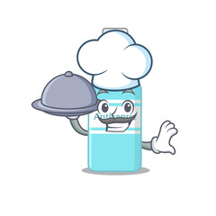 mascot character style of antiseptic chef serving dinner on tray