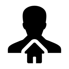 House icon vector with person profile avatar male user symbol in a flat color glyph pictogram illustration